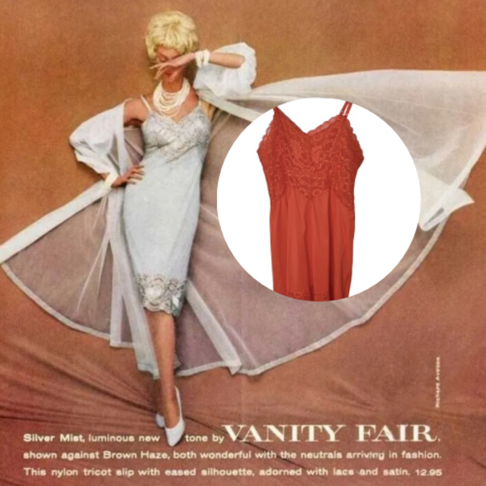 Vintage 1960s Vanity Fair Full Slip Chemise Negligee Coral Orange Lace Floral S